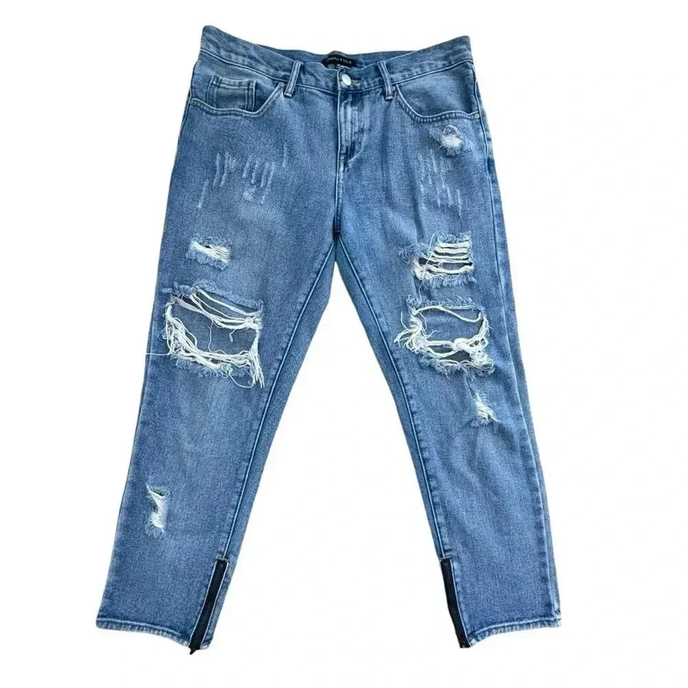Kendall & Kylie Light Blue Distressed Boyfriend Jeans denim, 3 quarter length